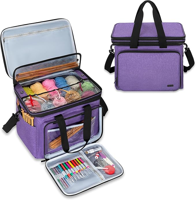 Teamoy Crochet Bag, Knitting Bag Yarn Storage Tote, Yarn Organizer, Purple | Yarn Holder for Crocheting, with Inner Divider and Cover, for Yarn Skeins, Project, Knitting Needles, and Crochet Supplies