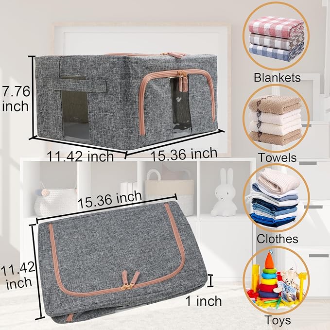 Linen Clothes Storage Bins, 4PCS Sturdy Closet Organizers and Storage Bin with Metal Frame, 2 Opening Ways Fabric Visible Lidded Storage Box for Organizing Clothing,Jeans,Sheets (4PC Gray, 22Liters)