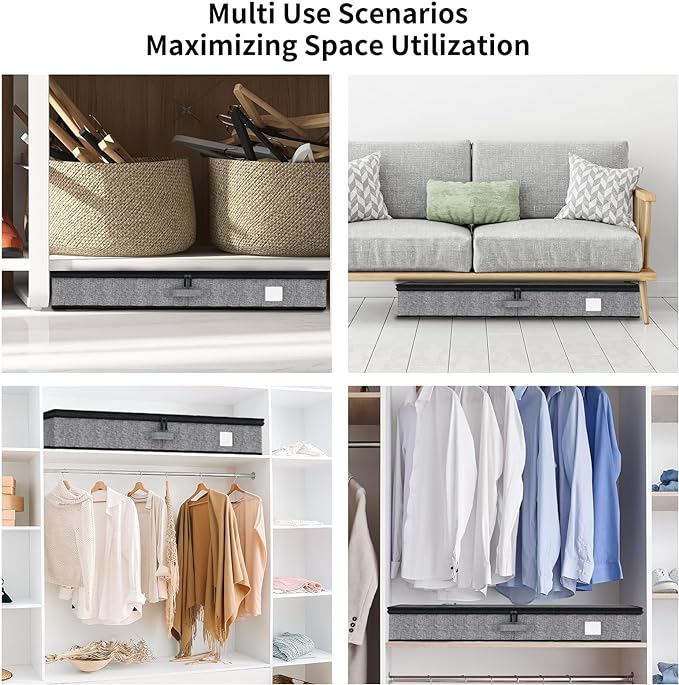 Under Bed Storage Containers 4 Pack Reinforced Underbed Organizer Box | Reinforced Sidewalls and Bottom, Low-Profile Design Below 4.5in, for Clothes and Linens, Under-Bed Storage