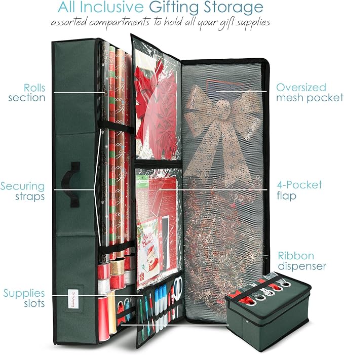 Hearth & Harbor Wrapping Paper Storage Container with Ribbon Storage Organizer - Christmas Storage Bag with Extra Interior Pockets - Gift Wrapping Organizer Storage Fits Up to 26 Rolls of 40" Length