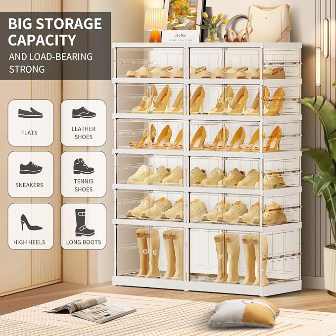 CIMLORD 6-Tier Foldable Shoe Rack, Magnetic Clear Doors, 24 Pairs, White | Collapsible Large Plastic Shoe Cabinet, Stackable, Lidded, Tool-Free Assembly, Fits Boots & Sneakers, Closet & Entryway