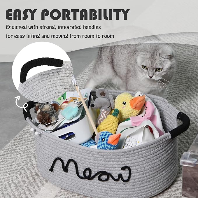 Sea Team Cat Toy Storage Basket with Handles, Gray Meow | Large Cotton Rope Storage Bin, Shelf Basket, Organizer for Pet Chew Toys, Foods, 16.5 x 11 x 7 Inches, 4.4 Gallons