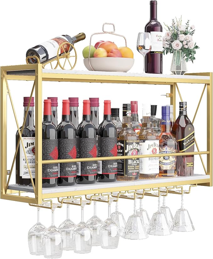 Dokser Wine Rack Wall Mounted Shelf - 2 Tier Wine Bottle Holder for Kitchen | 31.5"Gold 2 Tier Wall Wine Rack with Rustic Wood & Industrial Iron Frame, Wine Bottle Holder for Dining Room, Home Bar Decor