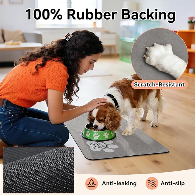 Dog Cat Feeding Mat-Absorbent Pet Bowl Mat for Food and Water, Quick Dry Water Dispenser Mat for Floors with Waterproof Rubber Backing, Puppy Cat Placemat Mats for Messy Drinkers,12"x20",Grey