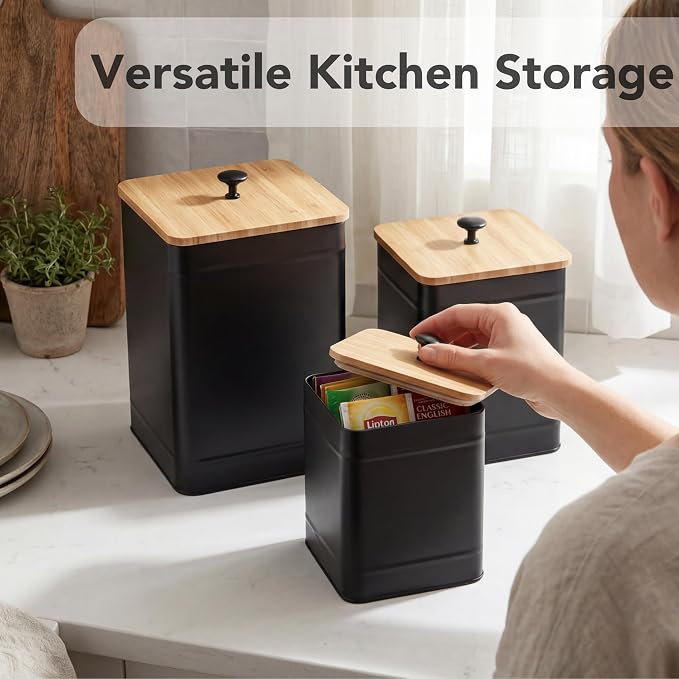 PERFNIQUE Kitchen Canisters for Countertop Set of 3, Airtight Canisters Sets for the Kitchen Counter with Lid, Metal Farmhouse Food Storage Containers Jars for Flour Sugar Coffee Tea Spice (Black)