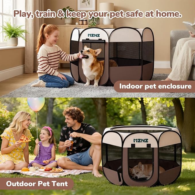 Dog Cat Small Animal Puppy Playpen Crate, Medium, Brown | Portable Pop Up Pet Cage Enclosure Tent Kennel Indoor Outdoor with Carrying Case, No Assembly, Camping Use