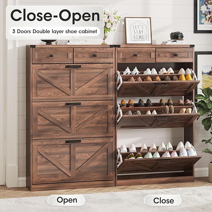 Halitaa Shoe Cabinet with 3 Flip Drawers & 2 Drawers,Freestanding Shoe Storage Cabinet for Entryway,Farmhouse Narrow Slim Organizer Rack for Foyer,Hallway,Dark Walnut