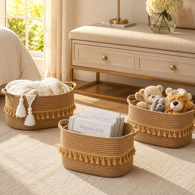 Storage Basket, Woven Baskets for Shelves, Brown Basket | 3 Pack Boho Cotton Rope Storage Baskets, 14" x 9" x 8", Home Organizer for Nursery, Holds Toys, Books & Towels