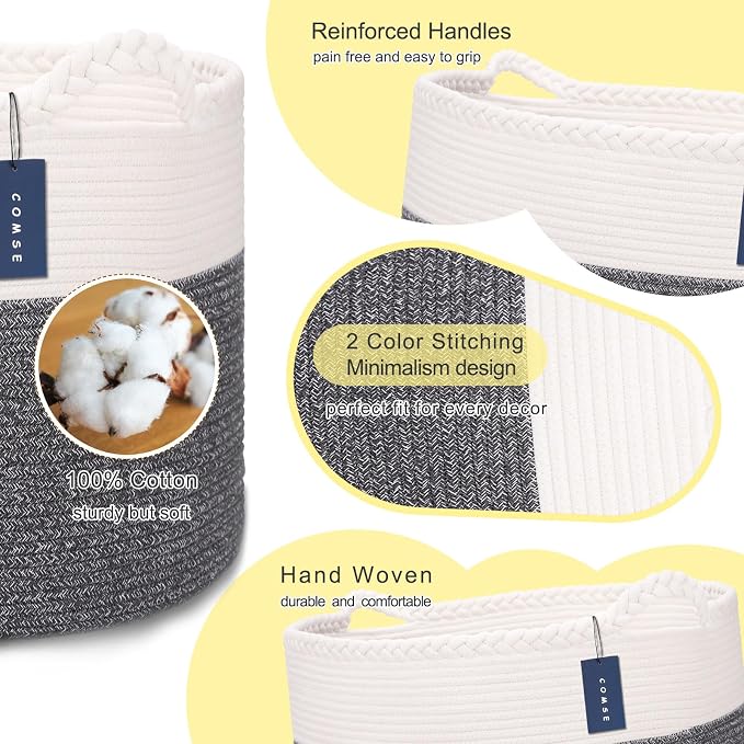 COMSE XXXLarge Woven Blanket & Laundry Basket, 87L, White & Black | 21.7" x 13.8", Cotton Rope, Nursery Hamper for Storage of Toys Clothes Towels, Ideal for Living Room Bedroom Bathroom