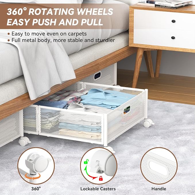 Under Bed Storage with Wheels & Handle,Sturdy Metal,2 Pack,White | Tool-free assembly, glide smoothly, easy reach, foldable, maxmazie low-profile beds, dorm, keep seasonal clothes, shoes fresh