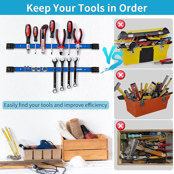 4 Pieces 24" Magnetic Tool Holder Strip, Blue Magnet Bar, Metal Tool Organizer Rack for Garage Organization, Easy To Install in Workshop, Mounting Screws Included