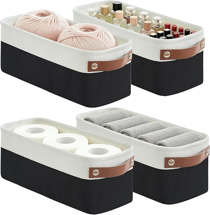 Bagnizer Small Fabric Storage Baskets, 15x6x5 inch Narrow Storage Bins 4-Pack Long Storage Basket for Organizing with Handles, Decorative Basket for Closets, Shelves, Toilet Paper, Black