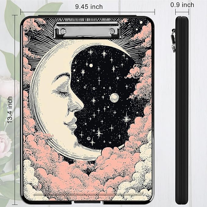 Heavy Duty Storage Clipboard, Slim Nursing Clipboard with Internal Pen Case, Portable File Organizer Case for A4 Letter Size Paper Office Medical Professionals, Pink Tree Moon