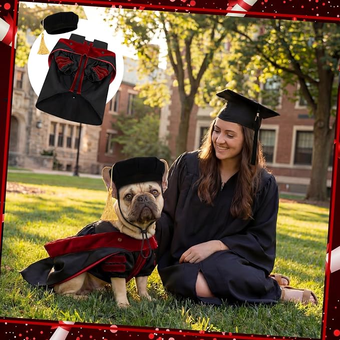 Huhumy 3 Pcs Dog Cat Graduation Doctoral Costume Set, 2026 Pet Phd Graduation Cap and Deluxe Doctoral Gown with Hood Side Tam Puppy Kitty Dogs Grad Holiday Party Costume Accessory(Red,M)