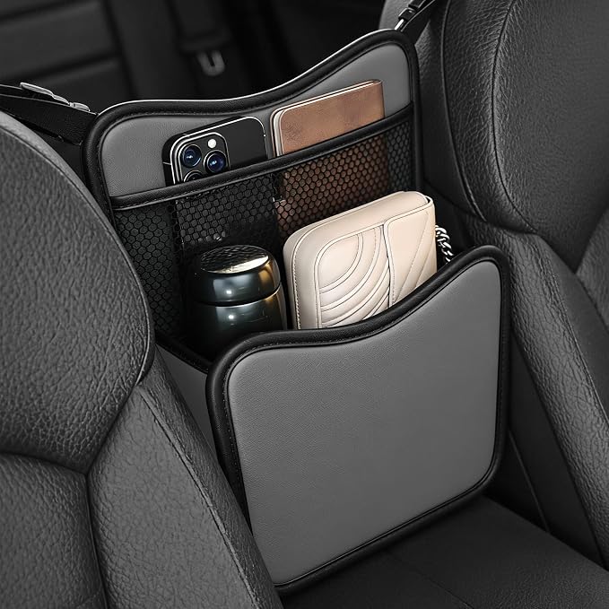 Car Organizer Storage Between Seats, Car Purse Holder, Nappa Leather Front Seat Storage Bag with Tissue Holder, Large Capacity Auto Console Organizer for Document Phone Wallet Snack (White)