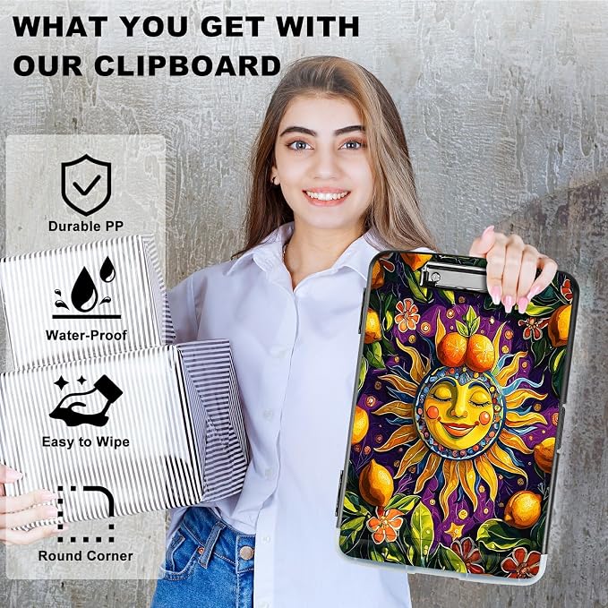 A4 Clipboard with Storage Pen Holder, Clipboards Organizer Nursing Clipboard Foldable File Folder Plastic Clipboard Folio Clip Board for Office Work Classroom Doctor, Sun Lemon