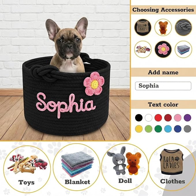 Personalized Dog Toy Storage Basket - Custom Woven Cotton Rope Bin with 3D Cord Name for Puppy Accessories, Treats & Pet Organization Grey M