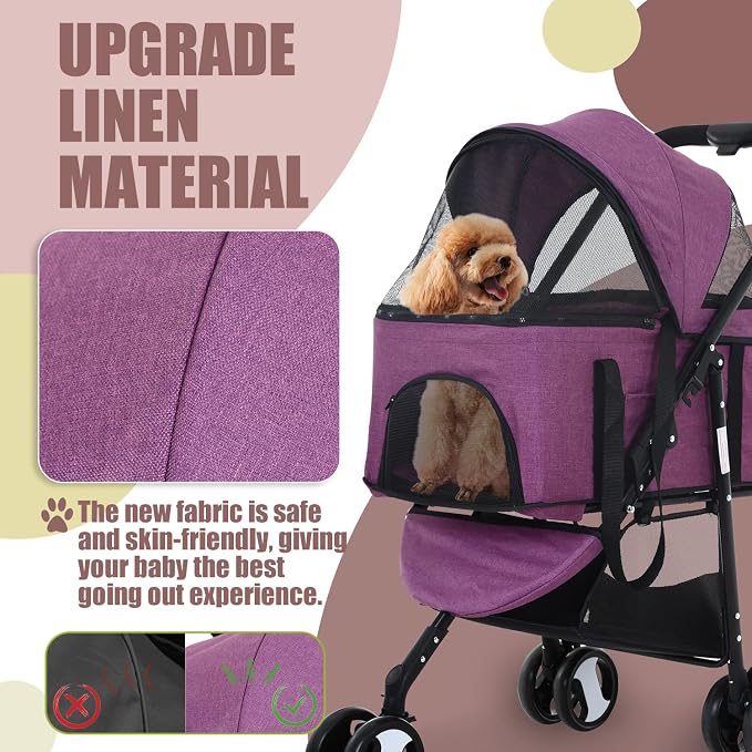 NChanmar Dog Stroller Cat Pet stoller 3-in-1 Folding for Small Medium Dogs Cats with Detachable Carrier Storage Basket Waterproof Lightweight Travel,Purple, 3 Wheels, 7.0 kilograms