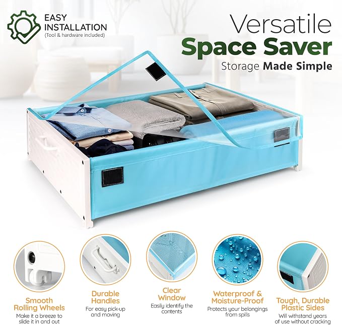 Under Bed Plastic Drawers with Rolling Wheels - Storage Containers with Dual Handles for Easy Access - Space Saving Organizer for Shoes and Clothes