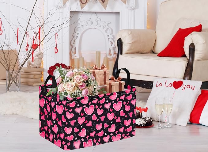 MAIZMZ Empty Gift Basket for Girls Heart Print Storage Cube for Women, Closet Shelf Waterproof Organizer Bins with Handles Nursery hamper Kids Toys Books Box Room Deco