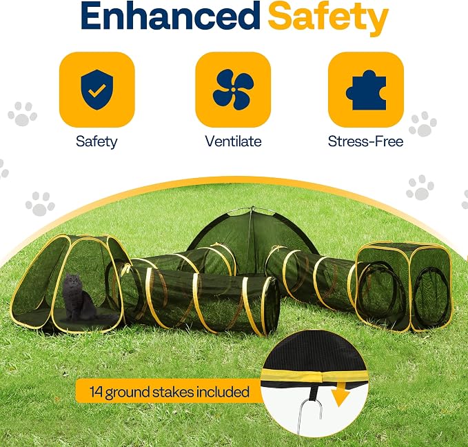 VIVOHOME 6-in-1 Outdoor Cat Enclosure with Playhouse, 2 Tents & 3 Tunnels | Portable Cat Playground with Leash and Mint Ball, Cat Tunnels with Tent Cube for Kitty Small Animals Camping Indoor Outdoor