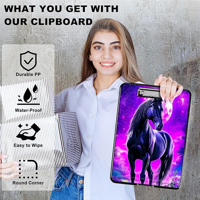 Heavy Duty Storage Clipboard, Slim Nursing Clipboard with Internal Pen Case, Portable File Organizer Case for A4 Letter Size Paper Office Medical Professionals, Purple Black Horse