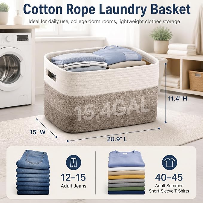 Cotton Rope Laundry Basket Medium, 15.4GAL Collapsible Woven Storage Baskets for Living Room Kids Toys Stuffed Animal Boho Rectangular Decorative Short Hamper for Dirty Clothes Blankets Gradient Brown