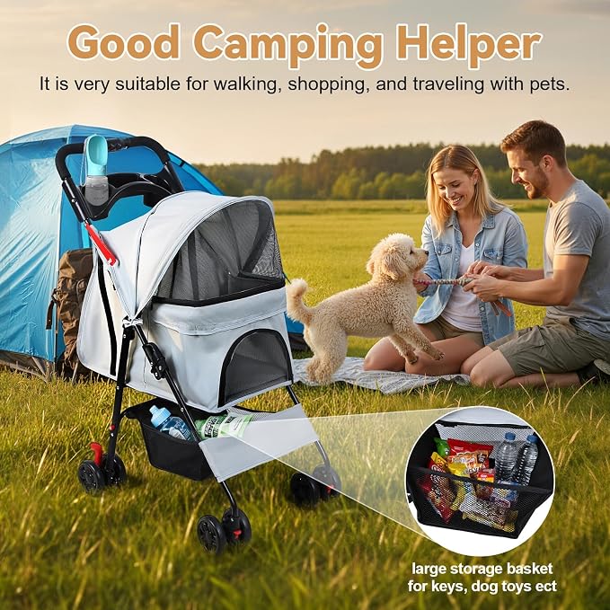 4 Wheel Pet Stroller for Small Medium Dogs, Foldable Cat Carriage with Breathable Mesh Windows, Cup Holder and Storage Basket, Portable Animal Strolling Cart Holds up to 22lbs Grey