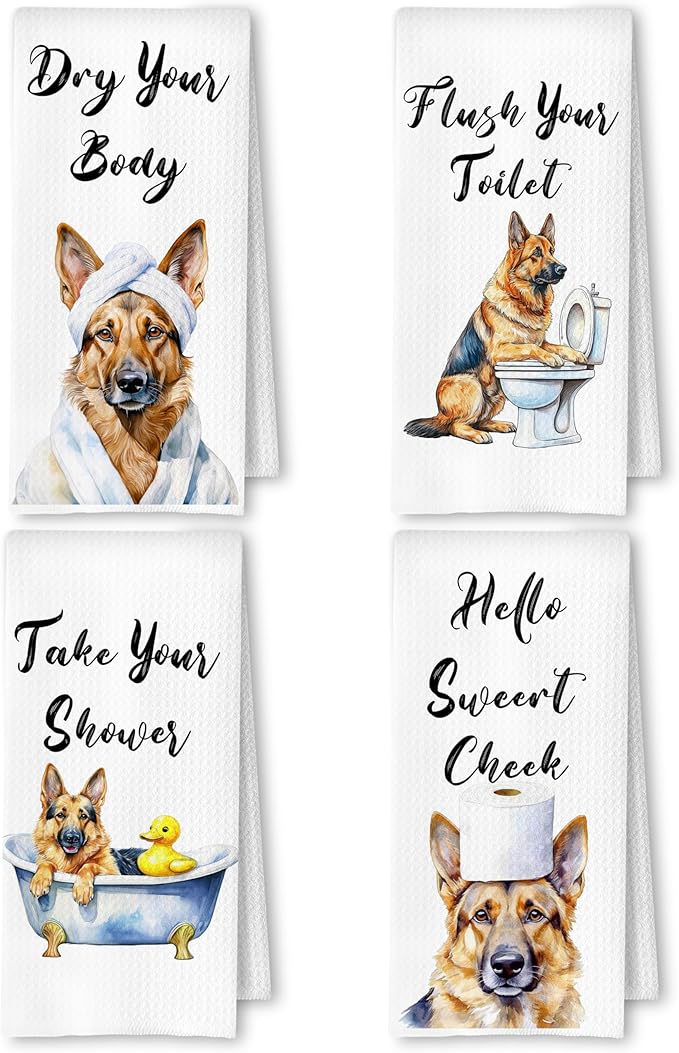 Funny German Shepherd Hand Towels for Bathroom Washroom, German Shepherd Gifts for Women Men, Dog Bathroom Decor, Humor Dog Hand Towels, 16x24 Inch Set of 4