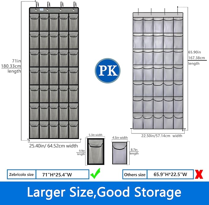 Over the Door Shoe Organizer, 2025 Upgrade 35 Large Pockets for Shoe Storage, Hanging Shoe Holder with Metal Hook, Clear Shoe Rack for Closet Bathroom Door Space Saving - Grey/Black