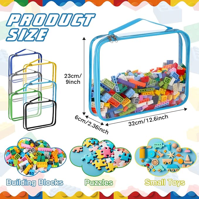 Sanwuta 6 Packs Toy Storage Bags with Zipper,Large,Simple Colors | Clear Waterproof Games Storage， Large Portable PVC Container， Reusable Organizer for Board Games, Building Blocks, Puzzles
