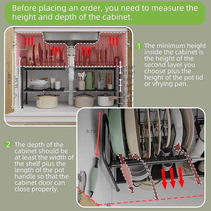 Expandable Under Sink Organizer，Pot and pan Organizer Under Cabinet | Pan Lid Organizer,Expandable Storage shelf with 2 Pan Racks（14 Dividers）and 4 Removable Panels,Adjustable partition height