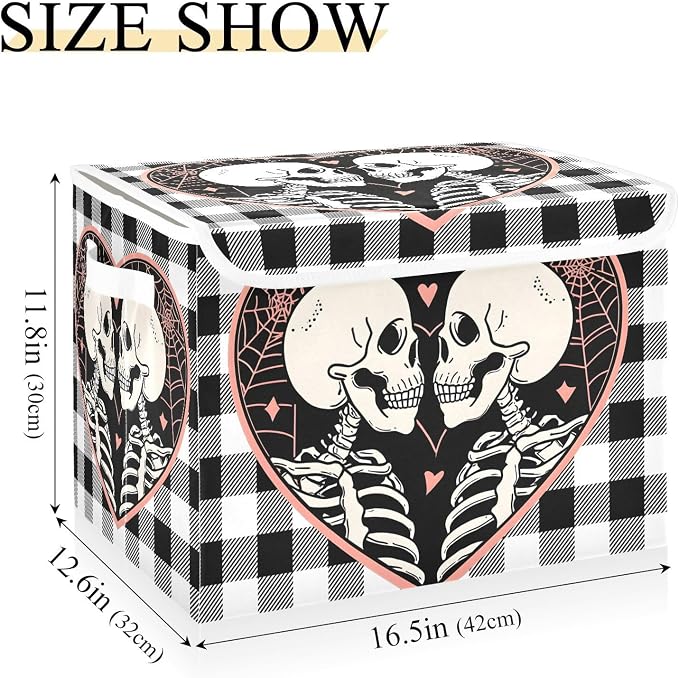 Fabric Storage Bins with Lid Love Skull Closet Storage Basket 40L | Decorative Storage Boxes, Dust-Proof Flip Top, Reinforced Handles, For Home & Bedroom, Clothes & Toy Box, Skull Fabric Print