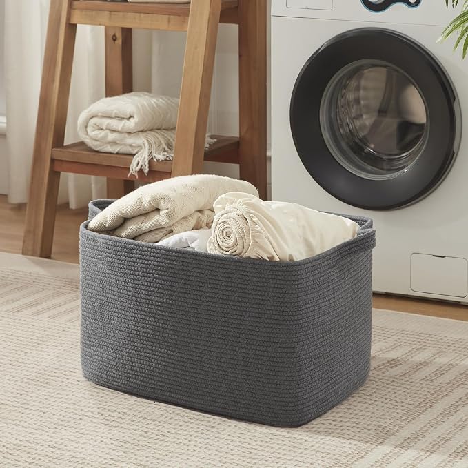 OIASKET 95L Extra Large Blanket Basket, 24" x 16.9" x 14.2" Woven Storage Basket for Living Room, Nursery Blanket Storage for Toys, Towels, Dirty Clothes (Grey)