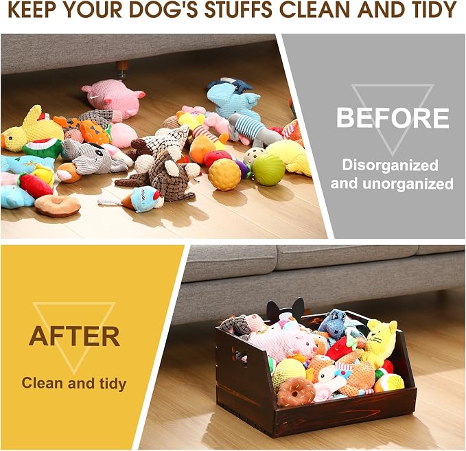 Briwooody Dog Toy Bin, 17.5 Inch Large Wooden Puppy Toy Storage Basket with Handle and Dog Head Tags Durable Pet Doll Box Puppy Stuff Organization Chest for Leash, Food, Accessories