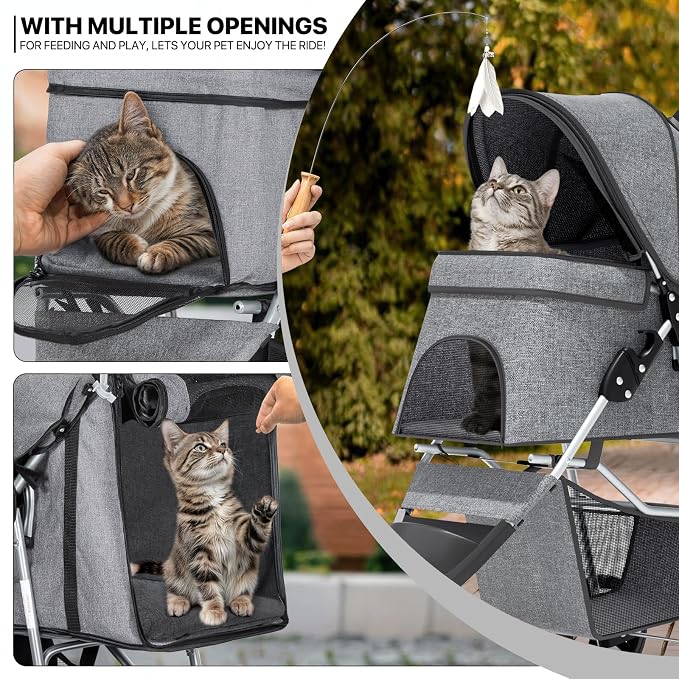 MoNiBloom Pet Stroller for Small/Medium Dogs and Cats up to 33 lbs, Gray | Foldable Dog Stroller 3 Wheels Pet Strolling Cart w/ Storage Basket Cup Holder, Breathable and Visible Mesh for All-Season