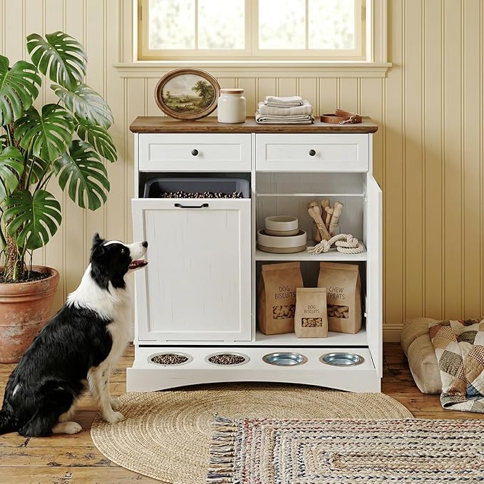 Furnaza Pet Feeding Station with 4 Bowls, Dual Doors Dog Cabinet Storage | White 39.7"W Dual Doors Pet feeding station with storage for dogs and cats, Pet Food Storage for Kitchen, Living Room