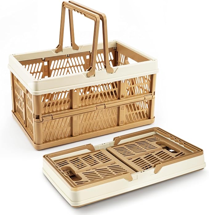 VALESKA Collapsible Crate 20L, Foldable Plastic Milk Crates for Storage, 15inch Collapsible Shopping Basket with Handles,Car Trunk Basket,for Kitchen（Brown）
