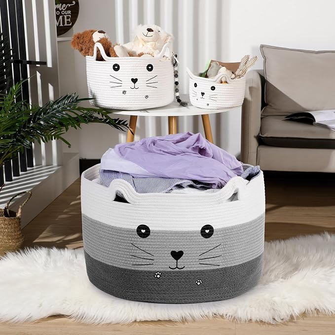 Zopeal Cat Woven Gift Basket Storage,21.7 x 13.8 Inch,Dark Gradient | Cute Cotton Rope Organizer with Handles for Toy Box, Nursery Decor, Decorative Bin, Pet Supplies Holder, Desk Storage