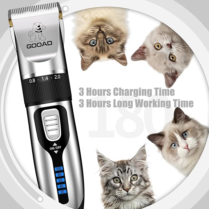 Cat Clippers for Matted Hair, Cordless Low Noise Pet Shaver & Grooming Kit with Paw Trimmer for Dogs and Cats, Professional Detangler for Thick Coats (Silver)