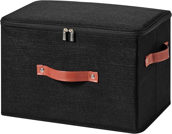 Storage Bin Box with Zippered Lid Decorative Collapsible Basket | Cotton Linen Fabric, Washable Foldable Stackable Clothes Container, Closet Shelf Organizer w/ PU Leather Handles, Black-Large
