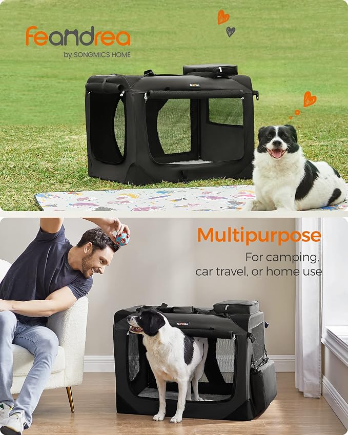 Feandrea Collapsible Soft Dog Crate, Portable Travel, 32 Inches | Dog Carrier Kennel with Safety Zippers for Living Room, Car, Travelling, Black UPDC80H