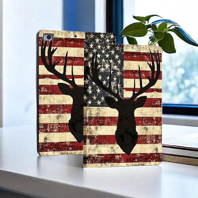 for Microsoft Surface Pro 7 Plus,Surface Pro 7/6/5/4 12.3" Tablet Case,Auto Wake/Sleep,Adjustable Stand Protective Cover - American Flag Deer