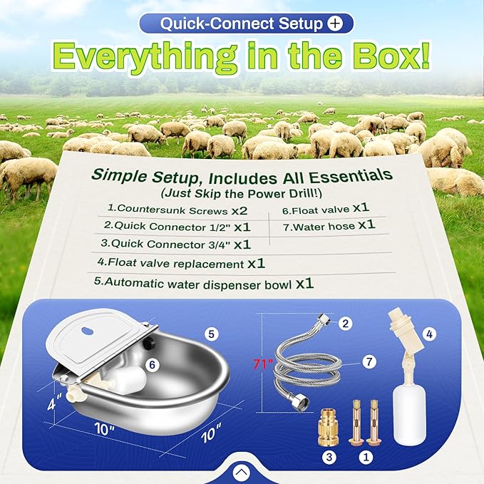 Automatic Animal Drinking Water Bowl with Float Valve, Extended Pipe, Stainless Steel Waterer Feeder Farm Dog Dispenser Kit Self Filling for Livestock