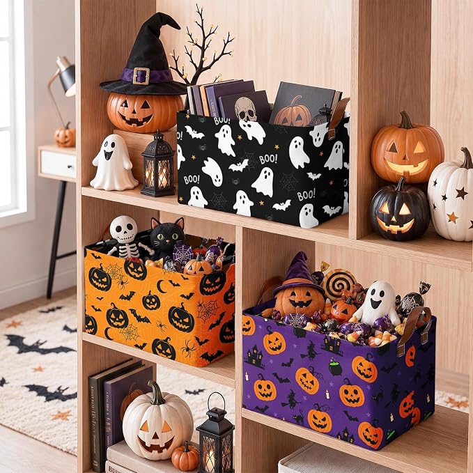 Britimes Halloween Storage Baskets for Gifts, Toy Storage Bins Boxes, 3Pcs | Halloween Ghost Boo Canvas Collapsible Baskets Organizer with Handles Nursery Decor Laundry Basket for Shelves Closet