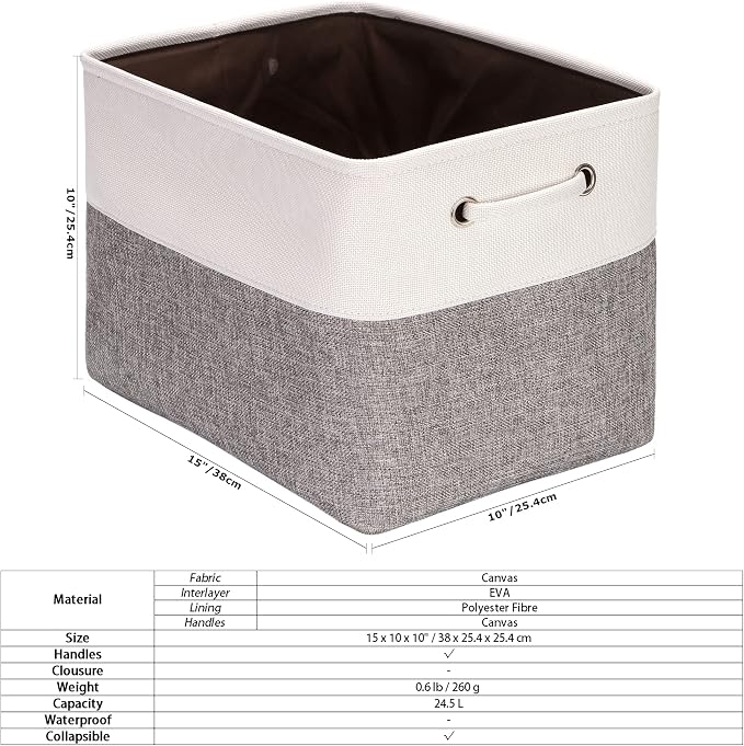 Sea Team Large Rectangle Canvas Open-Top Storage Baskets, 3-Pack | Collapsible Fabric Storage Bins with Handles, Closet Shelf Organizers, 15 x 10 x 10 Inches, Gray & White