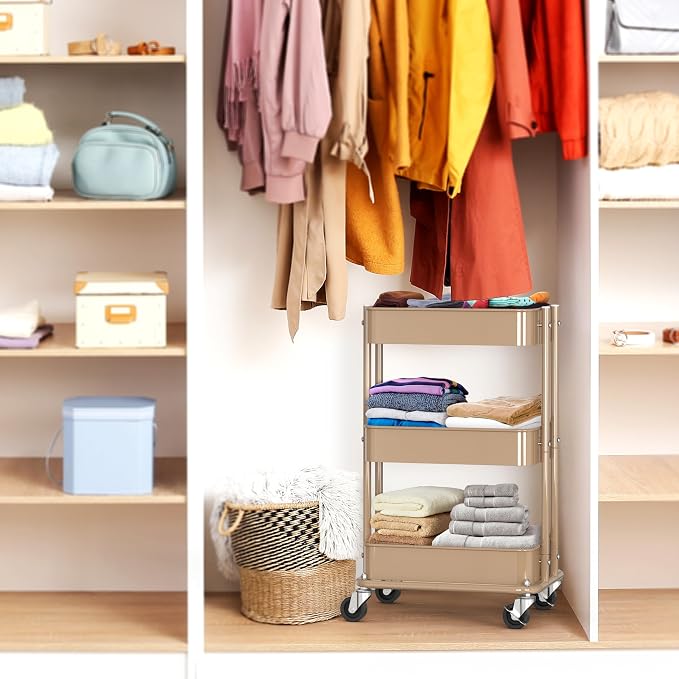 Simple Houseware 3-Tier Utility Cart, Low 24" Height Fits Under Desk, Khaki | Compact & Lower Height Great for Under-Desk Space-Saving Storage for Home Office, Dining Room, or Kitchen