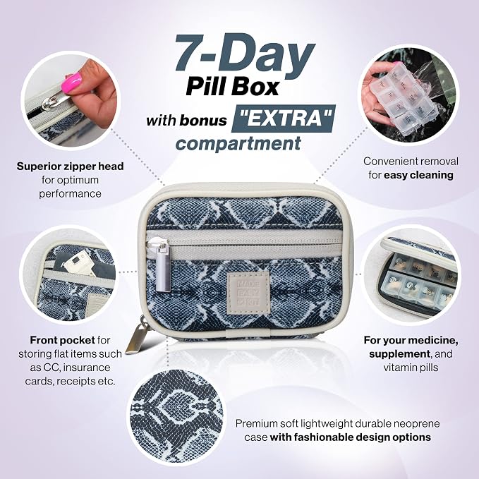 Made Easy Kit Pill Case - Weekly Medicine Organizer with Removable Seven-Day Vitamin & Supplement Box (Silver Snake Skin)
