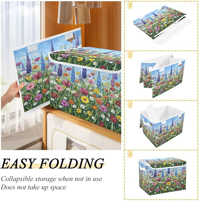 Fabric Storage Bins with Lid Spring Floral Closet Storage Basket 40L | Decorative Storage Boxes, Foldable & Stackable, Dust-Proof Flip Top, Reinforced Handles, For Home & Dorm, Clothes & Toy Box