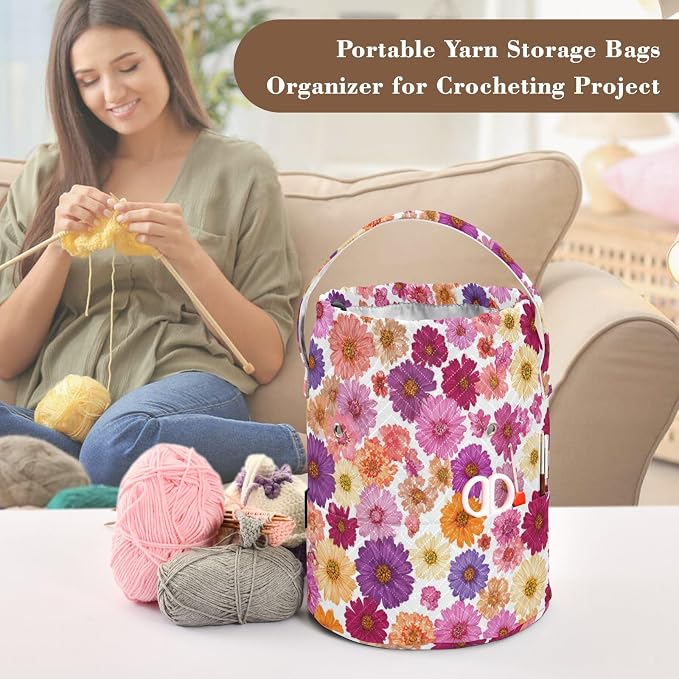 Tatenale Crochet Bag Yarn Bag Knitting Project Bag with Pockets and Handle Portable Yarn Storage Organizer Tangle Free 8.3x11 InchRed Purple Yellow Daisy06